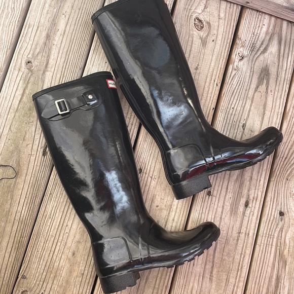 HUNTER Original Gloss Black.Rubber KNEE HIGH Wellies RUBBER Rain Boots Size 5 - Picture 12 of 14